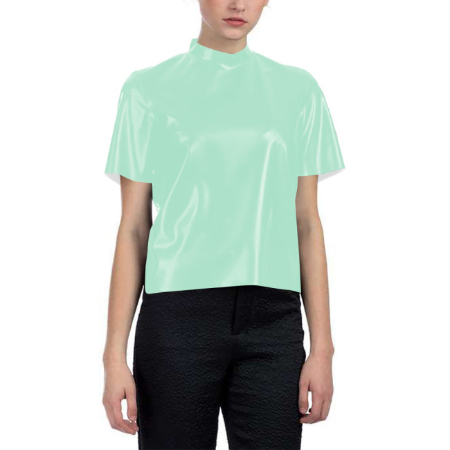 Short-sleeved Glossy Loose T-shirt for Women PVC Shiny Leather Fashionable Half Turtleneck Short Top Nightclub Party Tee Shirt