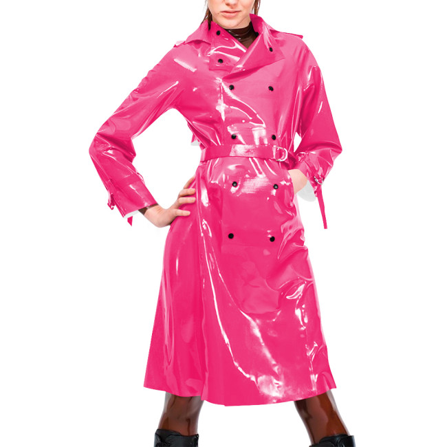 Womens Vinyl PVC Leather Trench Coat Double-breasted Lapel Collar Belted Long Jackets Nightclub Party Wetlook Knee-length Coats