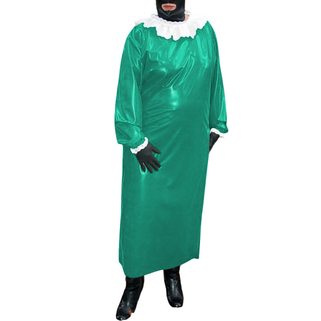 Mens Sissy Glossy PVC Leather Long Dresses with Single-breasted Back Halloween Cosplay Outfits Ruffles Puff Sleeves Loose Dress