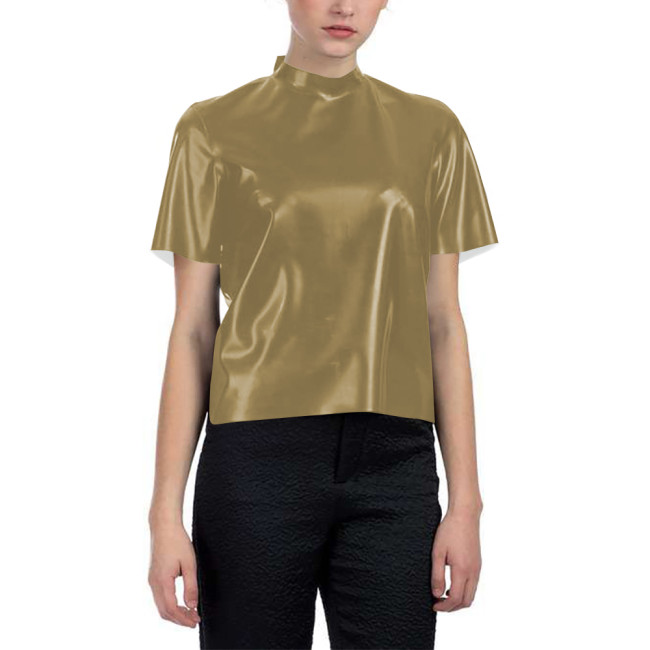 Short-sleeved Glossy Loose T-shirt for Women PVC Shiny Leather Fashionable Half Turtleneck Short Top Nightclub Party Tee Shirt