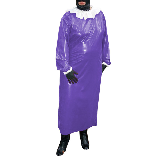 Mens Sissy Glossy PVC Leather Long Dresses with Single-breasted Back Halloween Cosplay Outfits Ruffles Puff Sleeves Loose Dress