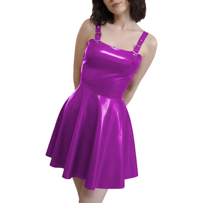 Gothic Punk Mini Dresses with Straps PVC Shiny Pleated Short Dress Fetish Wetlook Patent Leather Dress Plus Size Party Clubwear