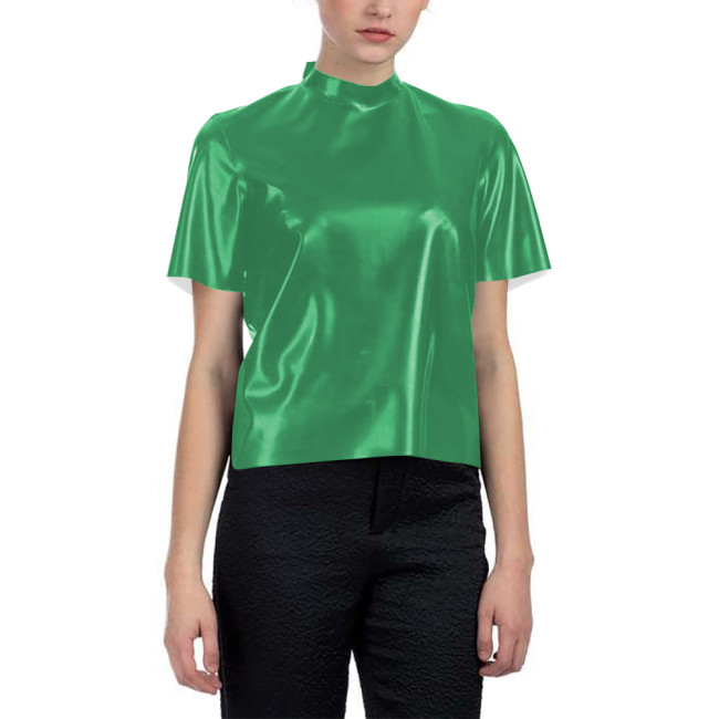 Short-sleeved Glossy Loose T-shirt for Women PVC Shiny Leather Fashionable Half Turtleneck Short Top Nightclub Party Tee Shirt