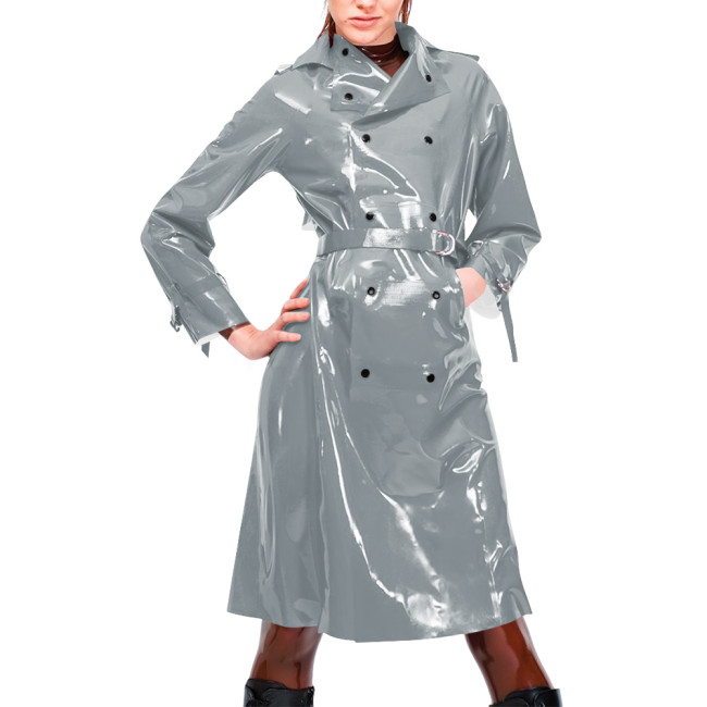Womens Vinyl PVC Leather Trench Coat Double-breasted Lapel Collar Belted Long Jackets Nightclub Party Wetlook Knee-length Coats