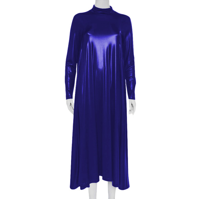 Plus Size Metallic Water Shiny Long Dress Mock Neck Ladies Long Sleeve Loose Flared Dress Evening Dresses for Womens Clubwear