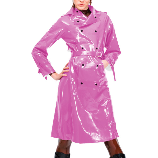 Womens Vinyl PVC Leather Trench Coat Double-breasted Lapel Collar Belted Long Jackets Nightclub Party Wetlook Knee-length Coats