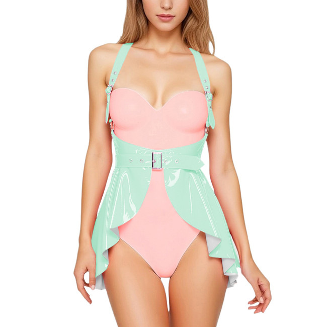 Sexy Womens Wet Look Front Open Strap Dress Glossy PVC Leather Short Pleated Suspender Skirts Club A-line Mini Flared Skirts