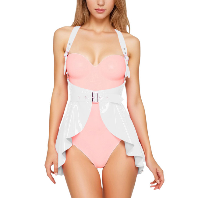 Sexy Womens Wet Look Front Open Strap Dress Glossy PVC Leather Short Pleated Suspender Skirts Club A-line Mini Flared Skirts