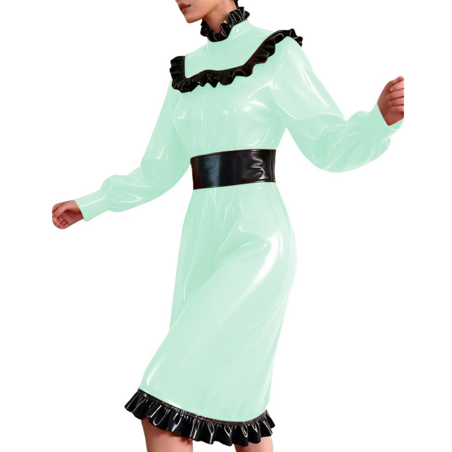 Elegant Frills Turtleneck Mid Dress Vinyl Long Sleeve PVC Leather Flared Dress Partywear Plus Size Ruffles Knee-length Dresses