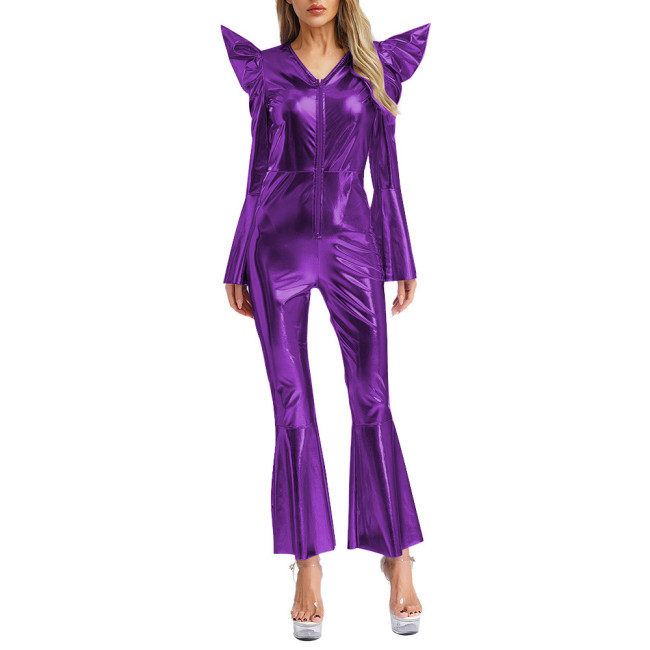 Womens Metallic Shiny V-neck Club Jumpsuit Chic Long Flared Sleeve Catsuit Halloween Party Cosplay Outfits Bell Bottom Romper