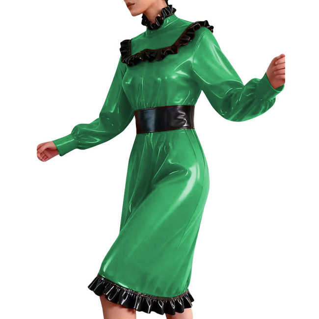Elegant Frills Turtleneck Mid Dress Vinyl Long Sleeve PVC Leather Flared Dress Partywear Plus Size Ruffles Knee-length Dresses