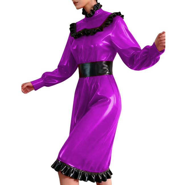 Elegant Frills Turtleneck Mid Dress Vinyl Long Sleeve PVC Leather Flared Dress Partywear Plus Size Ruffles Knee-length Dresses