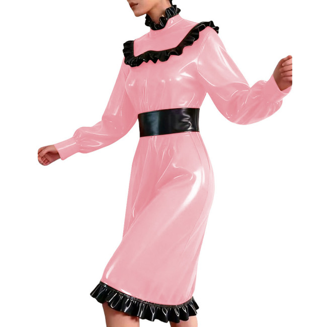 Elegant Frills Turtleneck Mid Dress Vinyl Long Sleeve PVC Leather Flared Dress Partywear Plus Size Ruffles Knee-length Dresses