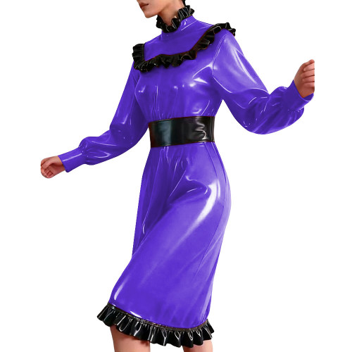 Elegant Frills Turtleneck Mid Dress Vinyl Long Sleeve PVC Leather Flared Dress Partywear Plus Size Ruffles Knee-length Dresses