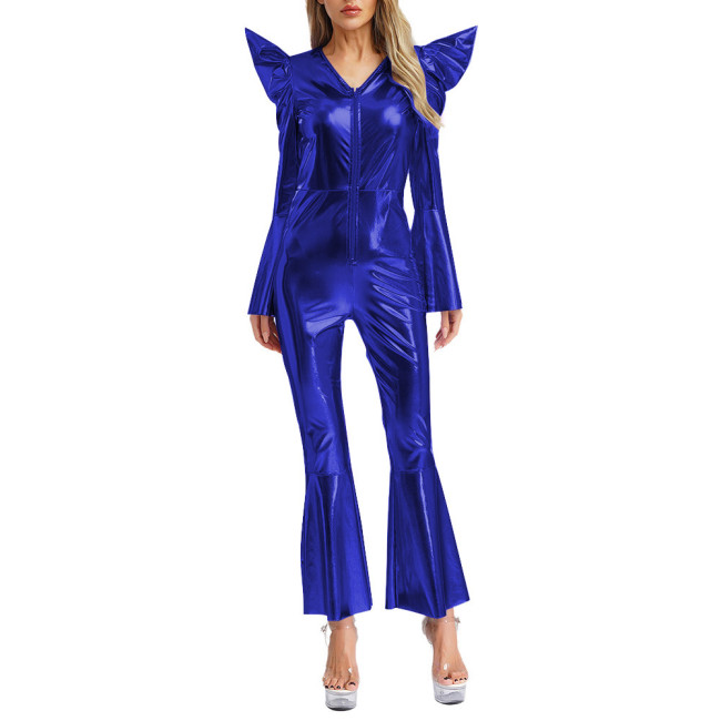 Womens Metallic Shiny V-neck Club Jumpsuit Chic Long Flared Sleeve Catsuit Halloween Party Cosplay Outfits Bell Bottom Romper