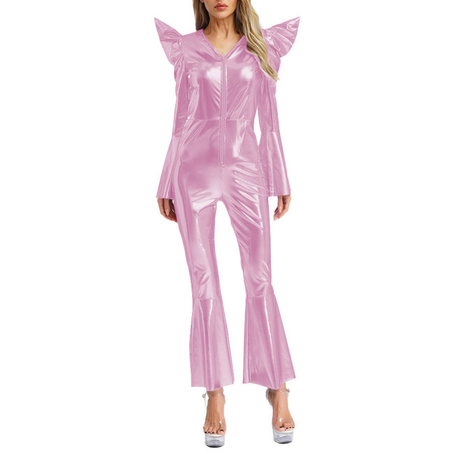 Womens Metallic Shiny V-neck Club Jumpsuit Chic Long Flared Sleeve Catsuit Halloween Party Cosplay Outfits Bell Bottom Romper
