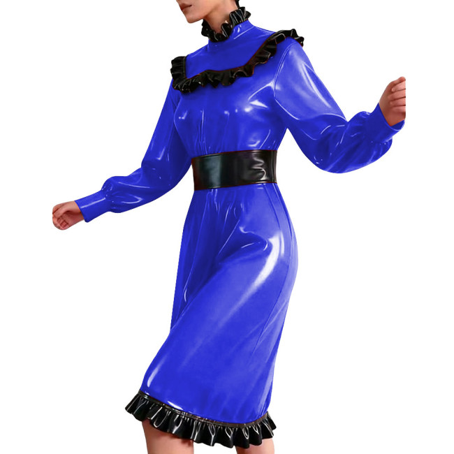 Elegant Frills Turtleneck Mid Dress Vinyl Long Sleeve PVC Leather Flared Dress Partywear Plus Size Ruffles Knee-length Dresses