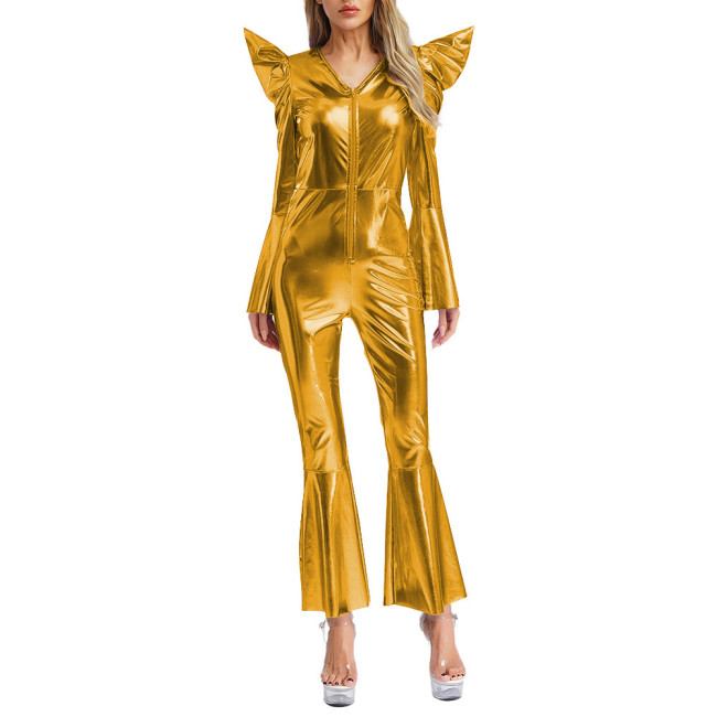Womens Metallic Shiny V-neck Club Jumpsuit Chic Long Flared Sleeve Catsuit Halloween Party Cosplay Outfits Bell Bottom Romper