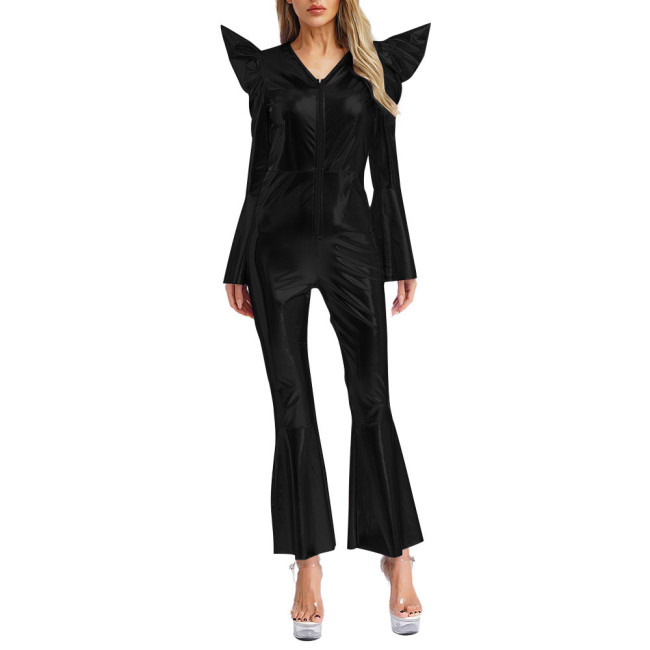 Womens Metallic Shiny V-neck Club Jumpsuit Chic Long Flared Sleeve Catsuit Halloween Party Cosplay Outfits Bell Bottom Romper