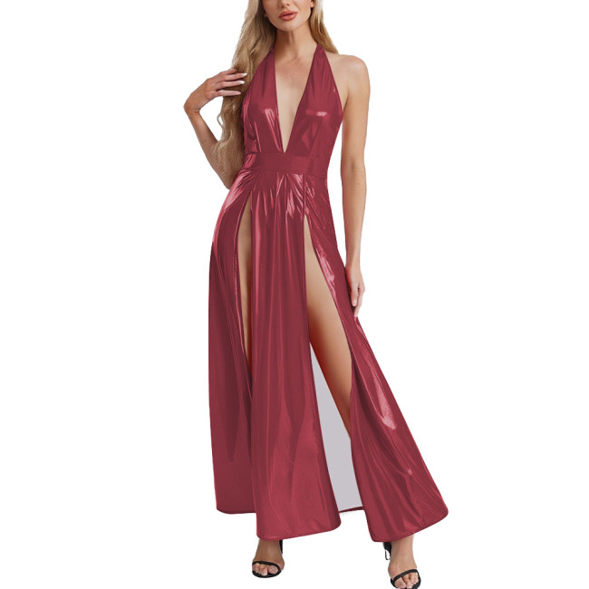 Womens Goth Punk PVC Leather Long Dress Sexy High Slit Hem Halter V-neck Glossy Maxi Dress Club Party Sleeveless Halter Dresses