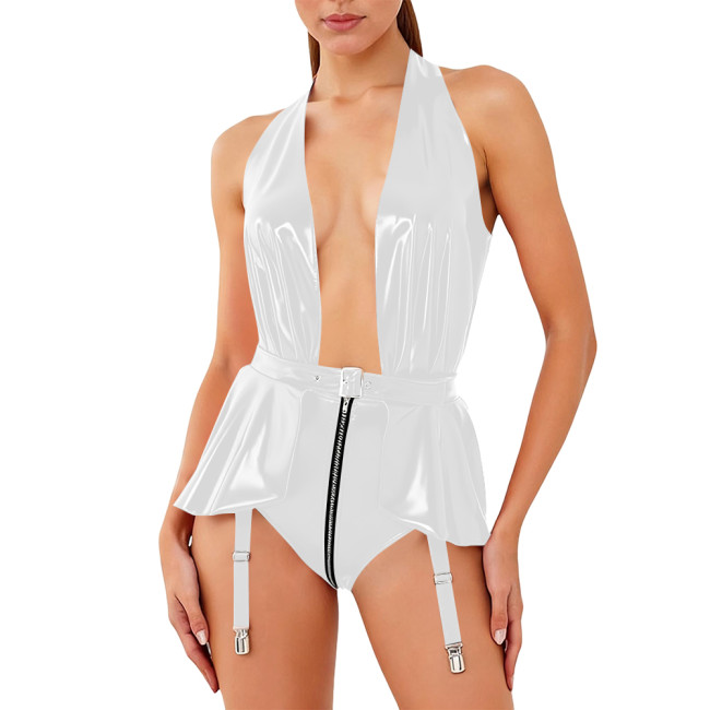 Womens Sexy Wetlook Bodysuit Nightclub Exotic Outfits Shiny PVC Backless Garters Leotard Deep V Neck Zip Crotch Pleated Rompers