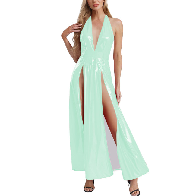 Womens Goth Punk PVC Leather Long Dress Sexy High Slit Hem Halter V-neck Glossy Maxi Dress Club Party Sleeveless Halter Dresses