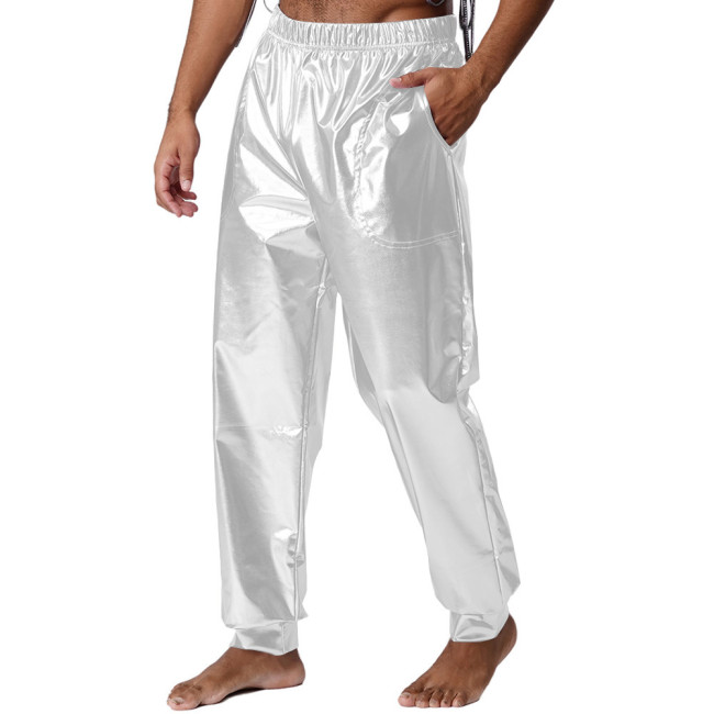 Mens Performance Show Shiny Metallic Pants Nightclub Elastic Waistband Loose Long Pants Wetlook Raves Dance Pants Male Trouses