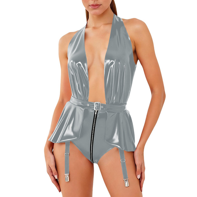 Womens Sexy Wetlook Bodysuit Nightclub Exotic Outfits Shiny PVC Backless Garters Leotard Deep V Neck Zip Crotch Pleated Rompers