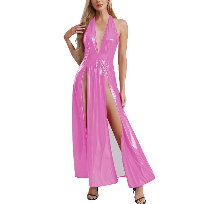 Womens Goth Punk PVC Leather Long Dress Sexy High Slit Hem Halter V-neck Glossy Maxi Dress Club Party Sleeveless Halter Dresses