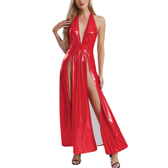 Womens Goth Punk PVC Leather Long Dress Sexy High Slit Hem Halter V-neck Glossy Maxi Dress Club Party Sleeveless Halter Dresses