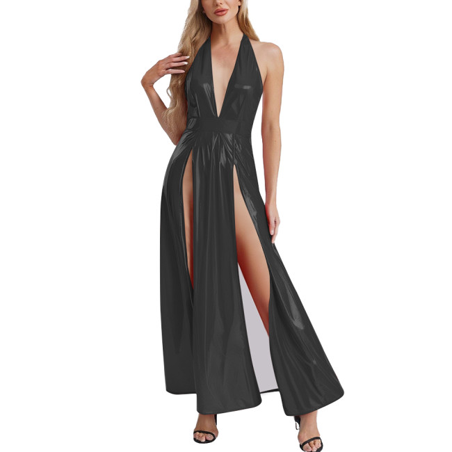 Womens Goth Punk PVC Leather Long Dress Sexy High Slit Hem Halter V-neck Glossy Maxi Dress Club Party Sleeveless Halter Dresses