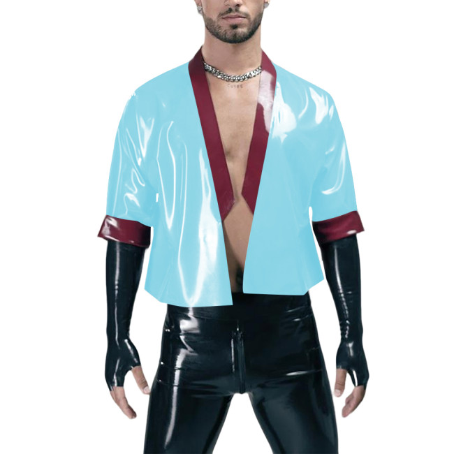 Men Wetlook PVC Leather Cardigan Jackets Coats Patchwork Short Outwear Glossy Half Sleeves Motorcycle Cropped Coats Clubwear