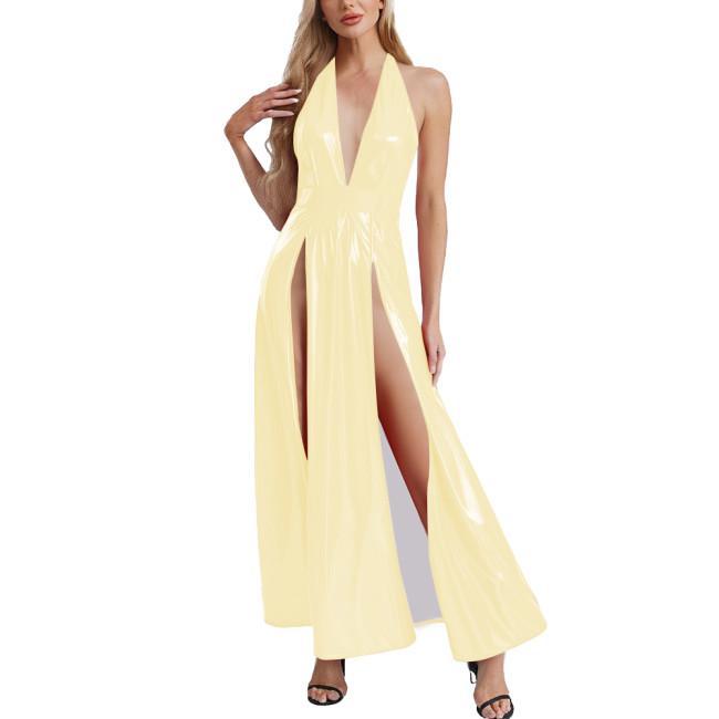 Womens Goth Punk PVC Leather Long Dress Sexy High Slit Hem Halter V-neck Glossy Maxi Dress Club Party Sleeveless Halter Dresses