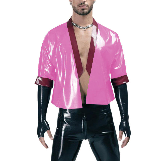Men Wetlook PVC Leather Cardigan Jackets Coats Patchwork Short Outwear Glossy Half Sleeves Motorcycle Cropped Coats Clubwear