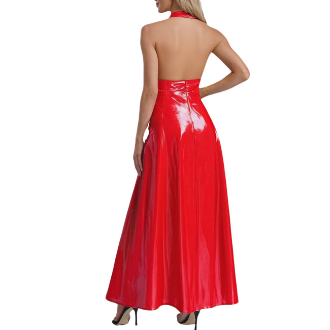 Womens Goth Punk PVC Leather Long Dress Sexy High Slit Hem Halter V-neck Glossy Maxi Dress Club Party Sleeveless Halter Dresses