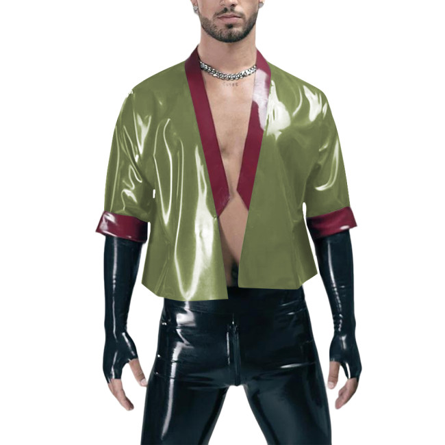 Men Wetlook PVC Leather Cardigan Jackets Coats Patchwork Short Outwear Glossy Half Sleeves Motorcycle Cropped Coats Clubwear