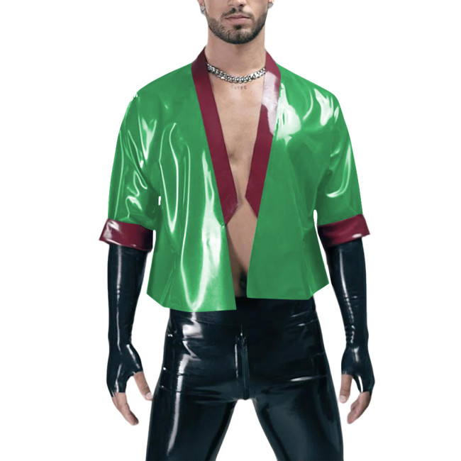 Men Wetlook PVC Leather Cardigan Jackets Coats Patchwork Short Outwear Glossy Half Sleeves Motorcycle Cropped Coats Clubwear