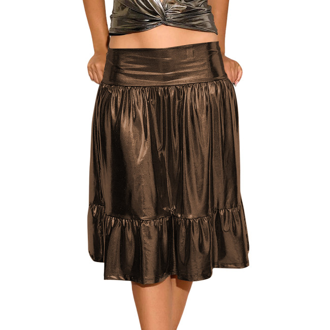 Women Fashion Shine Layered Short Skirt Female Party Liquid Metallic A Line Ruffle Hem Skirts Carnival Party Show Pleated Skirts