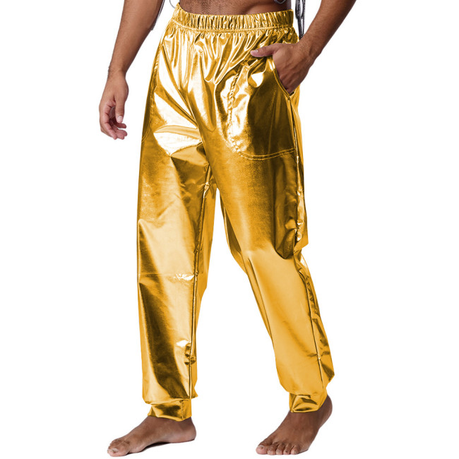 Mens Performance Show Shiny Metallic Pants Nightclub Elastic Waistband Loose Long Pants Wetlook Raves Dance Pants Male Trouses