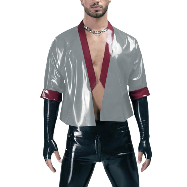 Men Wetlook PVC Leather Cardigan Jackets Coats Patchwork Short Outwear Glossy Half Sleeves Motorcycle Cropped Coats Clubwear