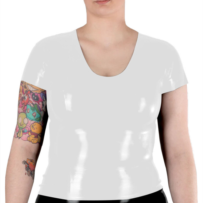 New Fashion Women Short Sleeve T Shirts Shiny Patent Leather V Neck Slim Fitness Blouse PVC Leather Casual Suit Pink Shirts Top