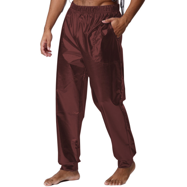 Mens Performance Show Shiny Metallic Pants Nightclub Elastic Waistband Loose Long Pants Wetlook Raves Dance Pants Male Trouses