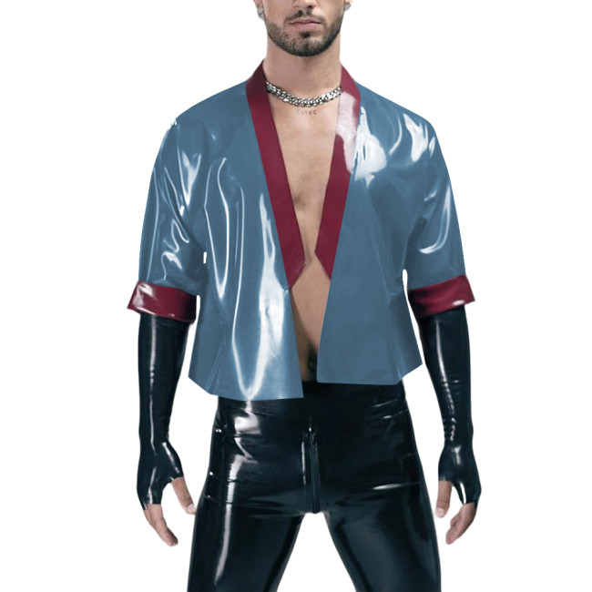 Men Wetlook PVC Leather Cardigan Jackets Coats Patchwork Short Outwear Glossy Half Sleeves Motorcycle Cropped Coats Clubwear