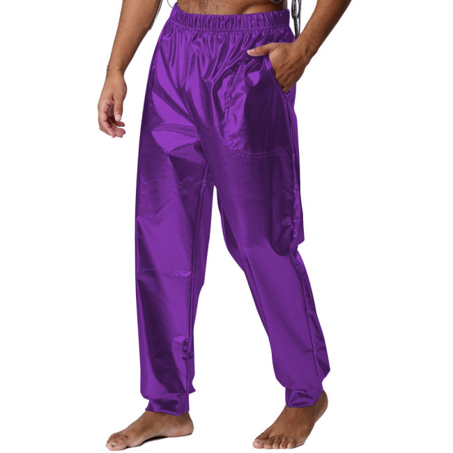 Mens Performance Show Shiny Metallic Pants Nightclub Elastic Waistband Loose Long Pants Wetlook Raves Dance Pants Male Trouses