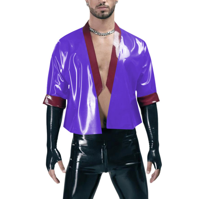 Men Wetlook PVC Leather Cardigan Jackets Coats Patchwork Short Outwear Glossy Half Sleeves Motorcycle Cropped Coats Clubwear