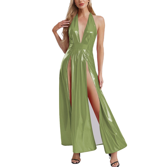 Womens Goth Punk PVC Leather Long Dress Sexy High Slit Hem Halter V-neck Glossy Maxi Dress Club Party Sleeveless Halter Dresses