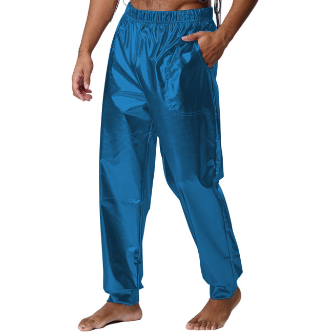 Mens Performance Show Shiny Metallic Pants Nightclub Elastic Waistband Loose Long Pants Wetlook Raves Dance Pants Male Trouses