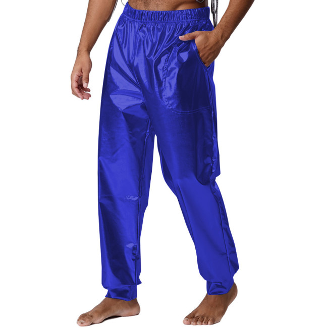 Mens Performance Show Shiny Metallic Pants Nightclub Elastic Waistband Loose Long Pants Wetlook Raves Dance Pants Male Trouses