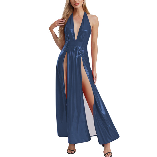Womens Goth Punk PVC Leather Long Dress Sexy High Slit Hem Halter V-neck Glossy Maxi Dress Club Party Sleeveless Halter Dresses