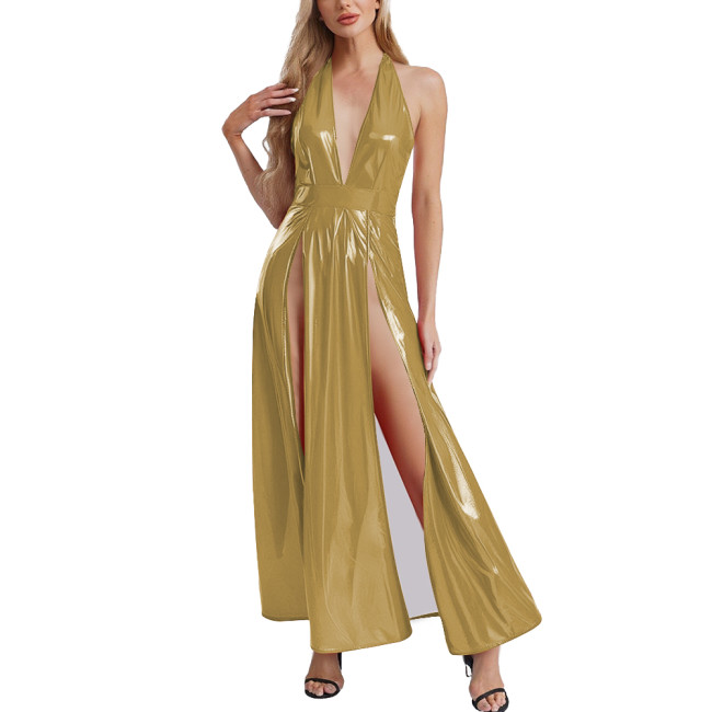 Womens Goth Punk PVC Leather Long Dress Sexy High Slit Hem Halter V-neck Glossy Maxi Dress Club Party Sleeveless Halter Dresses